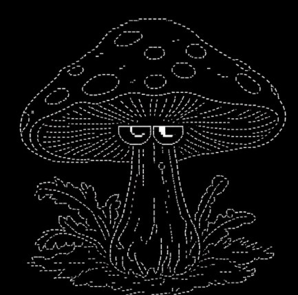 dotted line drawing of a mushroom wearing sunglasses